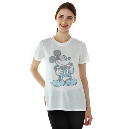 - Juniors Mickey Mouse Rhinestones High-Low T-Shirt White