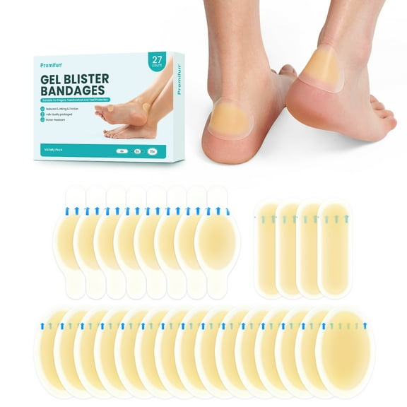 Promifun Hydrocolloid Gel Blister Bandages Pads - Blister Cushions - Water Resistant Hydrocolloid Bandage for Foot, Toe, Heel - Gel Blister Bandages for Prevention & Recovery (27 ct, Variety Pack)