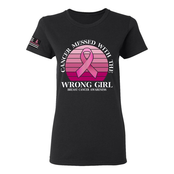 Wild Bobby Cancer Messed With the Wrong Girl US Flag Breast Cancer Awareness Women Graphic Tee, Black, Small