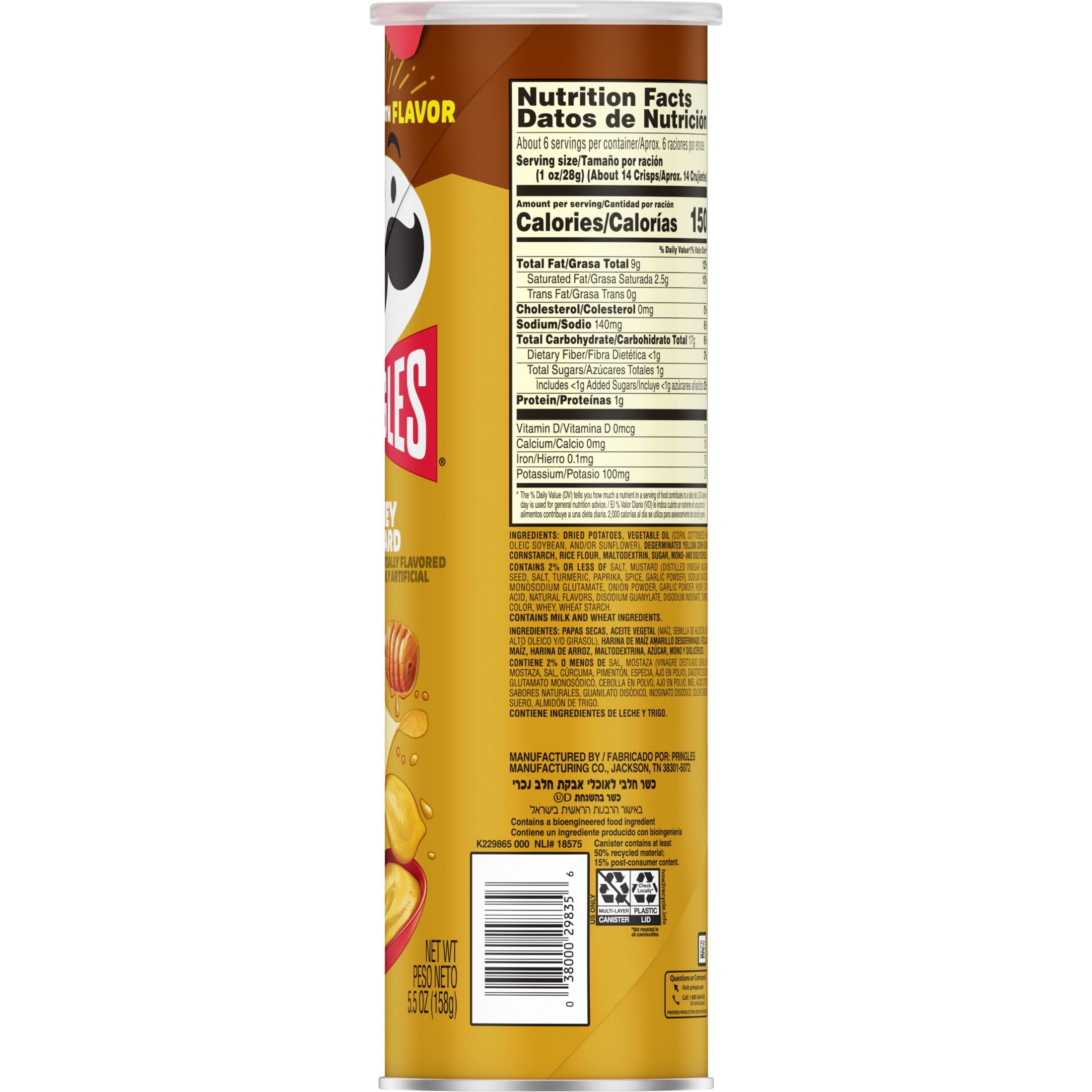 Pringles Honey Mustard Potato Crisps Chips, Lunch Snacks, 5.5 oz (Pack of 6)