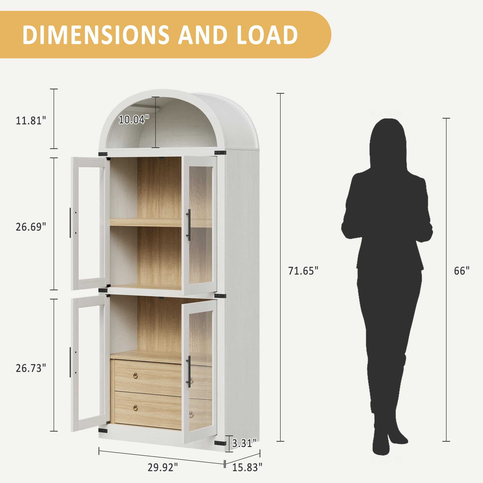 Danolapsi 71.4in Tall Arched Pantry Cabinet,Wood Bookcase with 2 Drawers,Kitchen Pantry Cabinet with Glass Door,Modern Farmhouse Display Cabinet Kitchen Cupboard for Kitchen,Dining Room,Bathroom