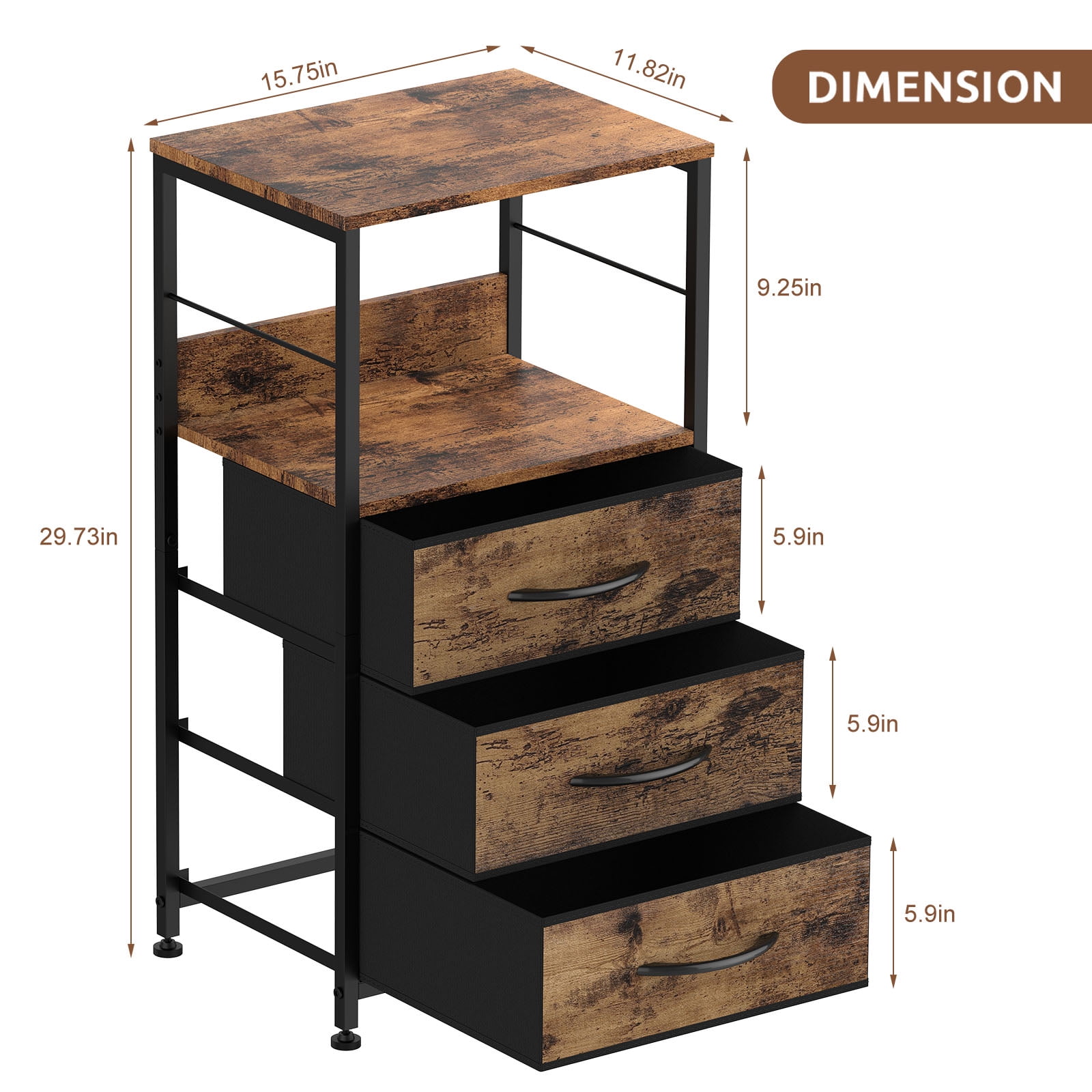 Nightstand for Bedroom End Side Table with 3 Drawers and Open Shelf Wood, Brown