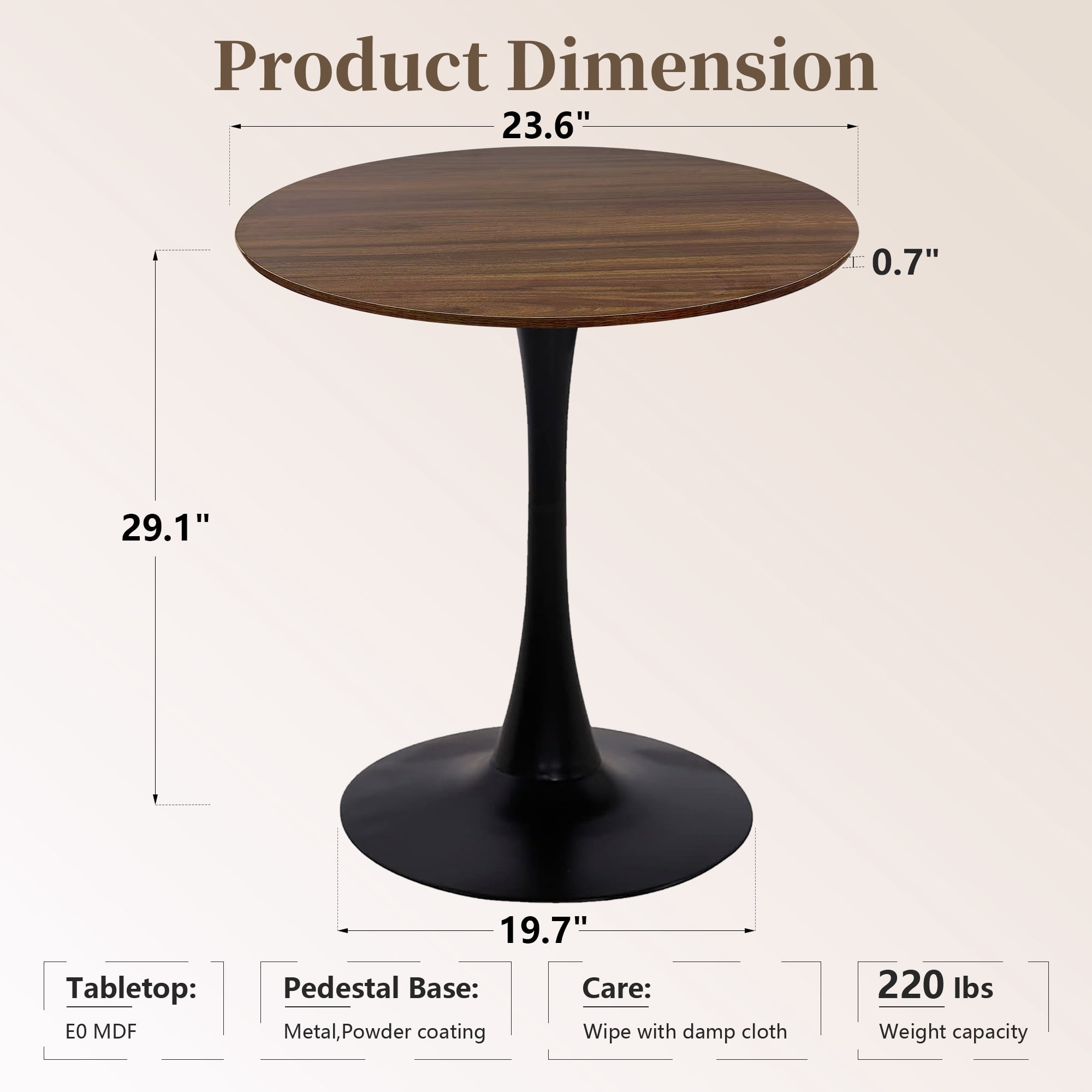 23.6" Round Dining Table with MDF Top & Metal Tulip Pedestal Frame for Kitchen, Living Room, Bedroom, Walnut