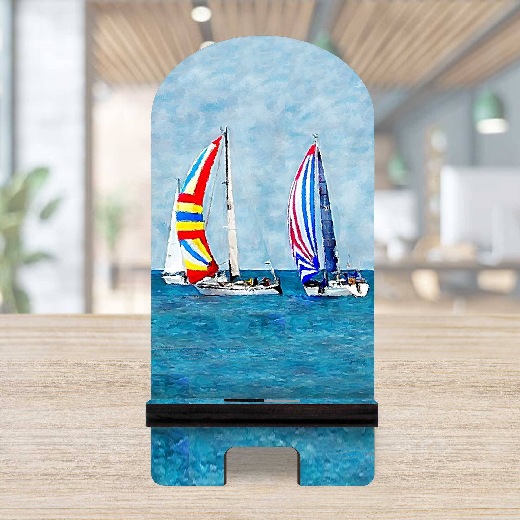 Designocracy 892042 6 x 3 x 3 in. Sail Boats Cell Phone Stand Coastal Decor with Wood Mobile Holder Organizer