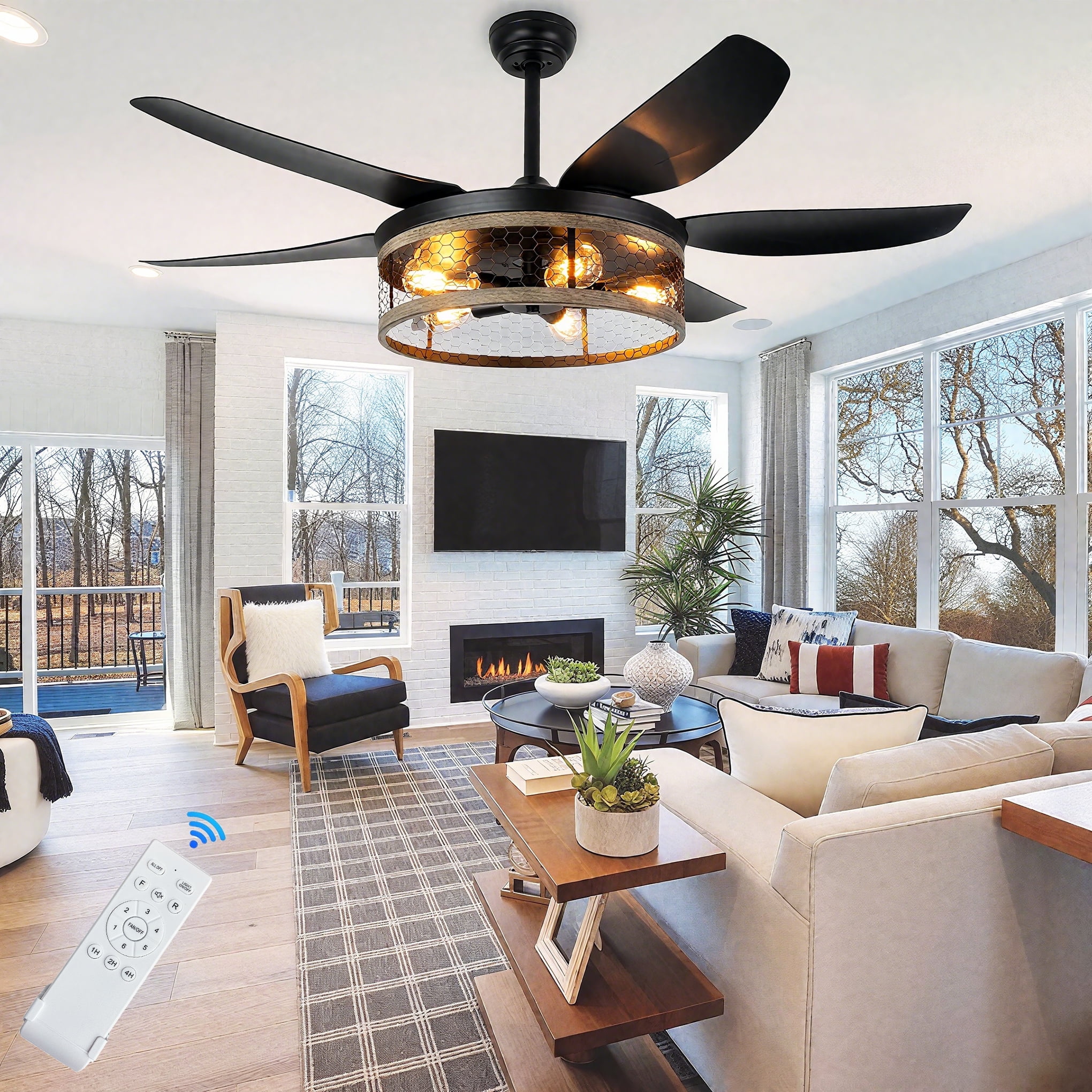 Ohniyou 52" Caged Farmhouse Ceiling Fan with Lights and Remote 6 Blades Fandalier Indoor Outdoor Ceiling Fans for Patio Living Room Kitchen, Black