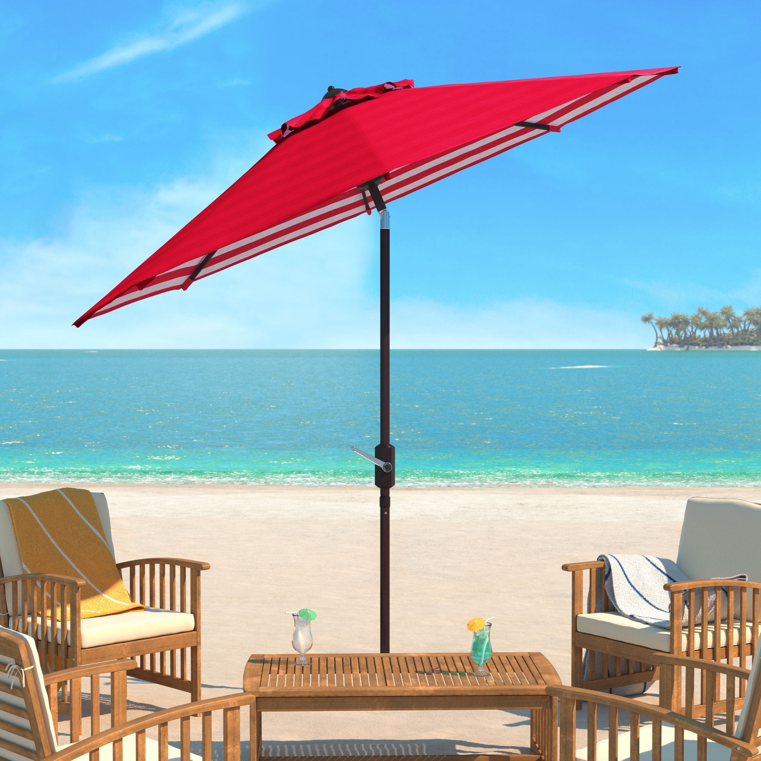 SAFAVIEH Athens 11' Market Crank Round Patio Umbrella, Red/White
