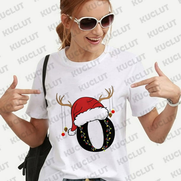 Camiseta navideña a juego para la familia, ropa de mujer a la moda, 26 letras del alfabeto, camisetas gráficas estampadas, ropa de calle, camisetas de manga corta