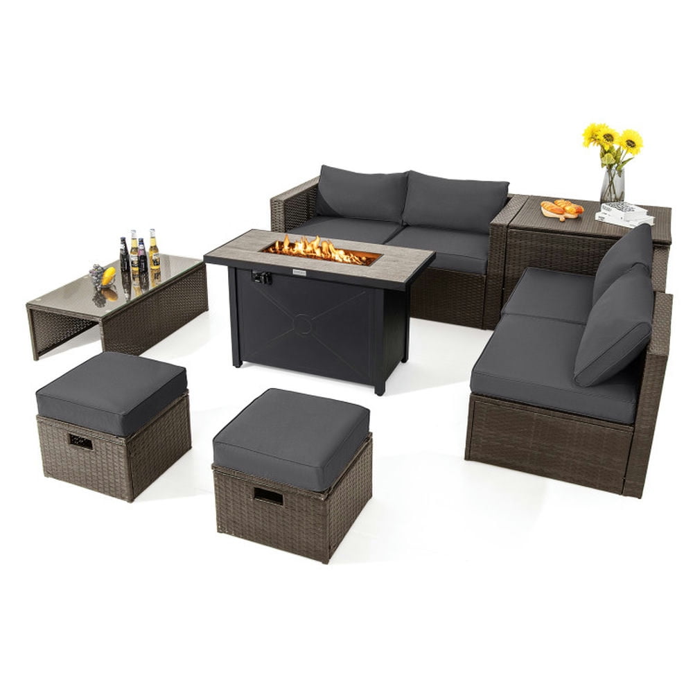 GVN Outdoor Furniture Sets, Outdoor Conversation Set,9 Pieces Outdoor Patio Furniture Set with 42 Inch Propane Fire Pit Table-Gray
