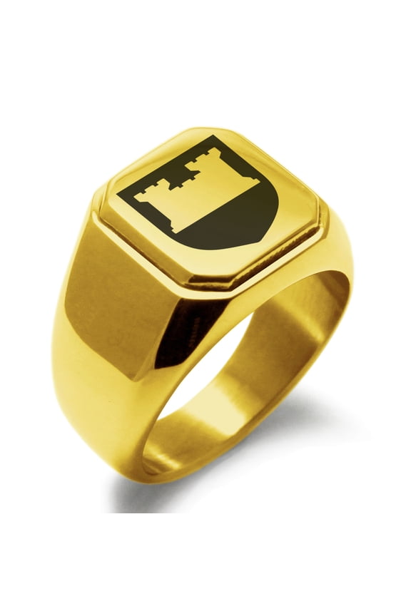 Stainless Steel Castle Protection Coat of Arms Shield Engraved Square Flat Top Biker Style Polished Signet Ring