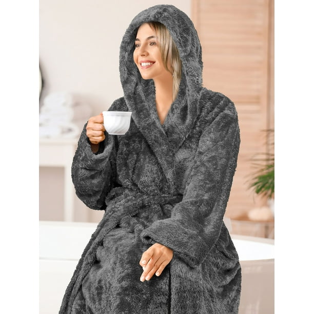 grey fluffy dressing gown Threadbare Women's Grey Soft Faux Fur Trim Hooded Ladies' Dressing Gown main image 1