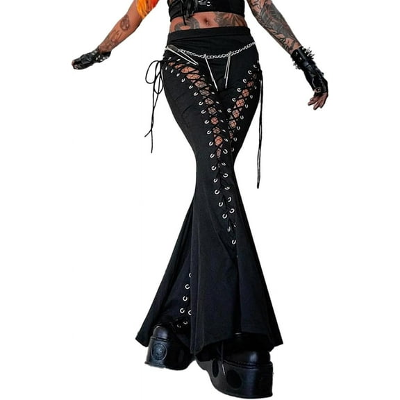 HLSOHJP Women's Lace Up Pants High Waist Bandage Criss Cross Bandage Tie Up Cutout Gothic Flared Bell-Bottom Trousers