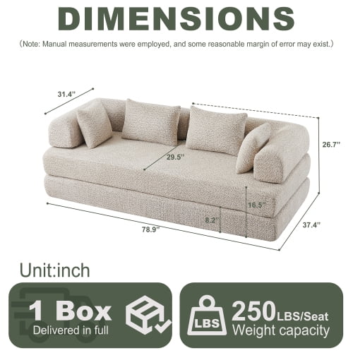 78.9-Inch Convertible Sleeper Sofa, Stain-Resistant Chenille Folding Mattress, DIY Modular Floor Lounge with Removable Armrests, khaki
