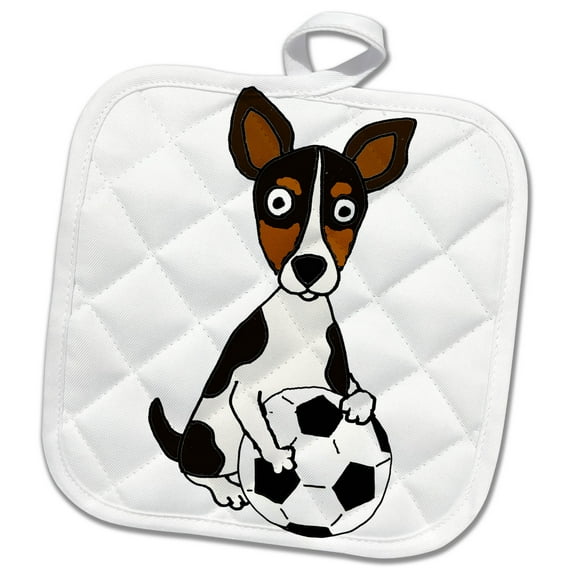 3dRose, Amusing Cute Rat Terrier Dog Playing Soccer, 8x8 Potholder