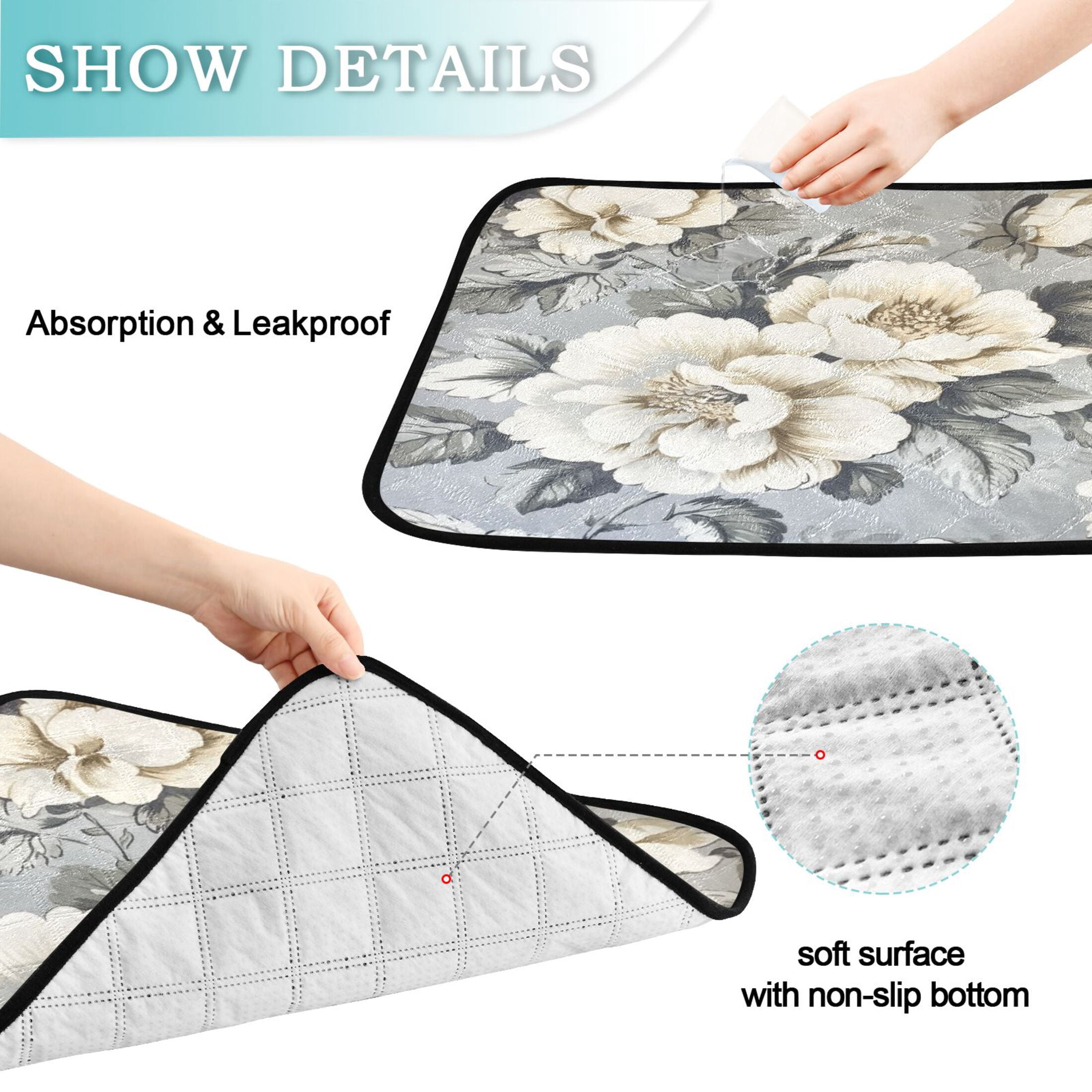 Qxltty White Peony Pattern Cat litter Pads Pet Set of 3 Diaper Mats Center Anti-leakage Layer Absorbent Soft and Comfortable