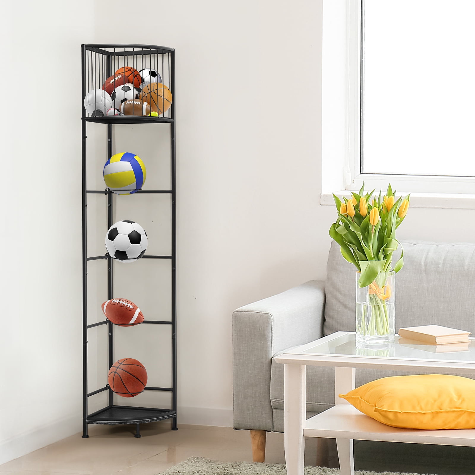 Oumilen 3-Tier Freestanding Basketball Storage Rack, Heavy-Duty Sports Ball Organizer