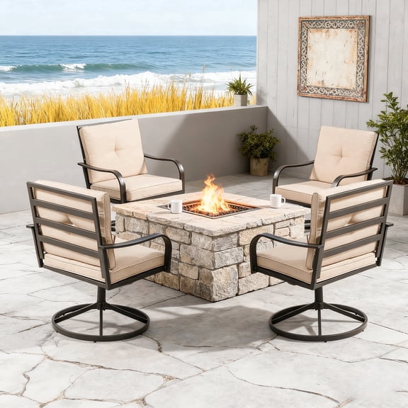 Outdoor Swivel Dining Chairs Set of 4, Heavy Duty Metal Chairs with Thickened Cushions for Garden, Lawn and Porch, Beige