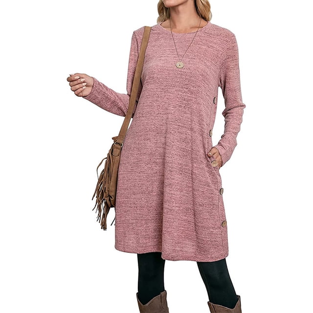 Vestido de punto para mujer, vestido de manga larga, vestido suéter para mujer, vestido túnica, vestido jersey con botones y bolsillos