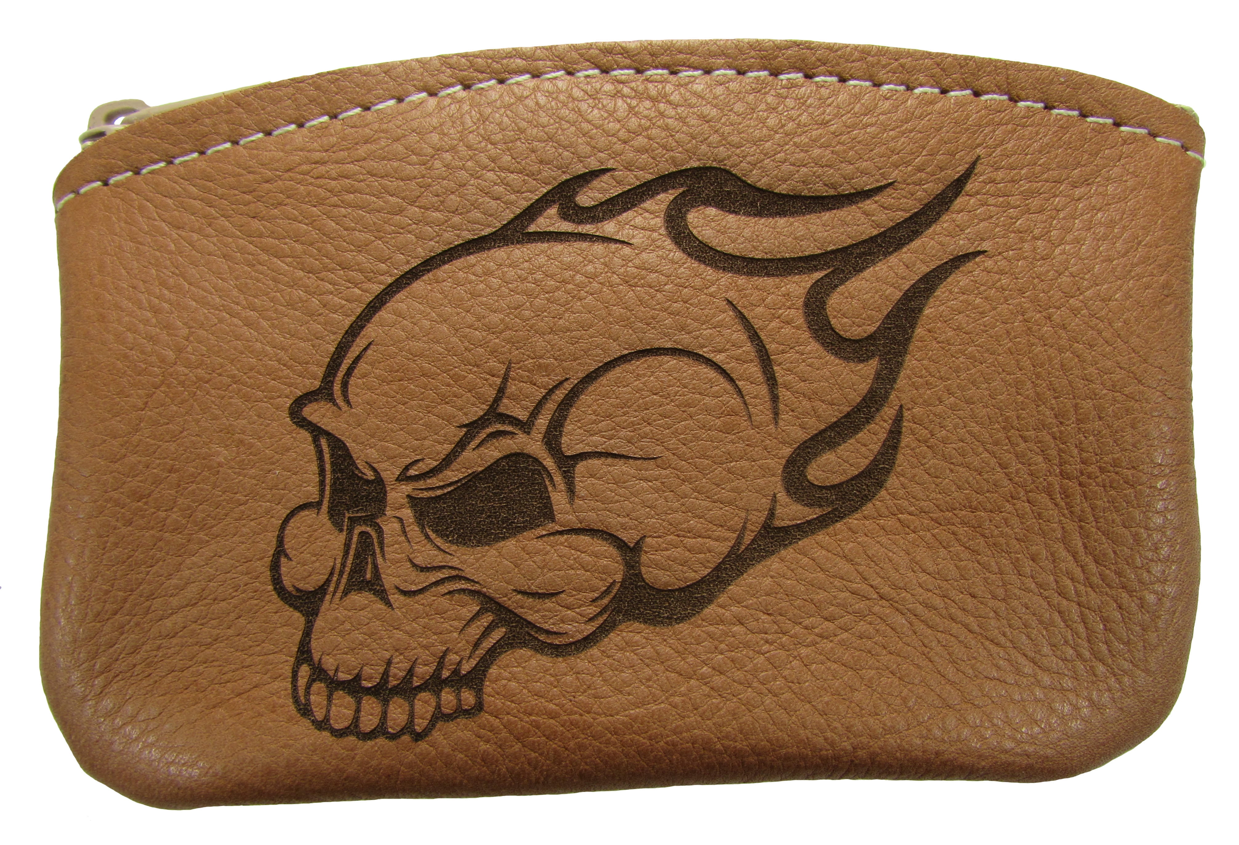 New Leather Engraved Flaming Skull Zippered Coin Pouch Change Purse USA Made
