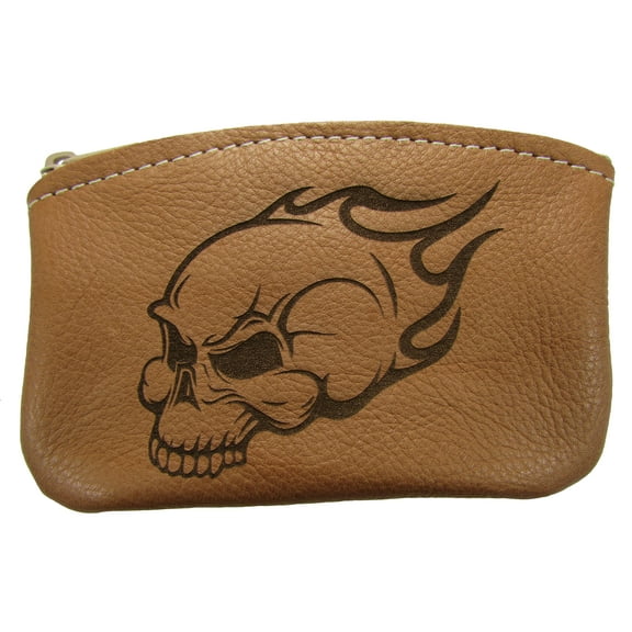 Leather Engraved Flaming Skull Zippered Coin Pouch Change Purse USA Made, Tan