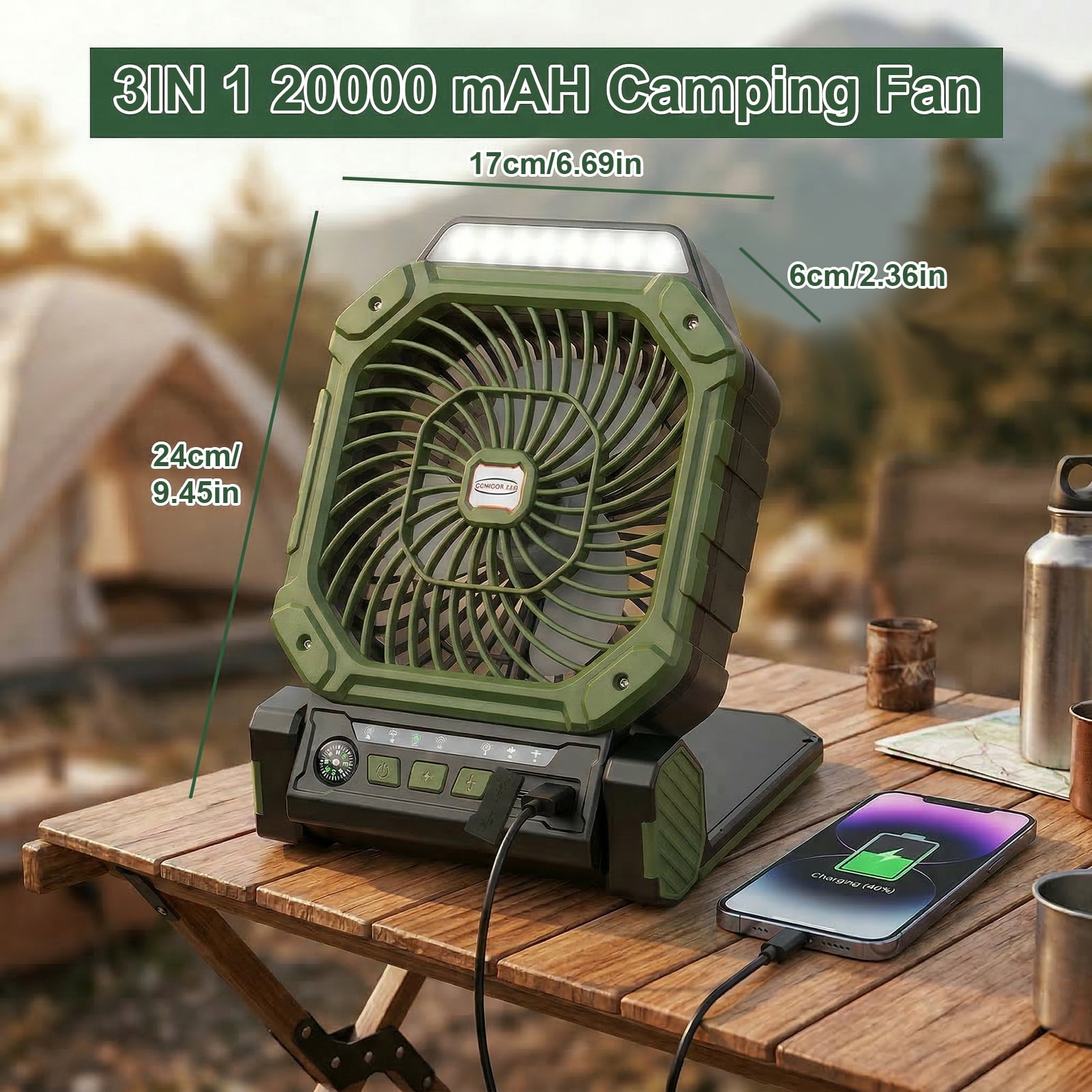 Fohil 20000mAh Solar Camping Fan with LED Light, Solar/USB Charging, 4-Speed Fan,3 Timer Settings, Phone Charging for Camping Fishing Outdoor, Green