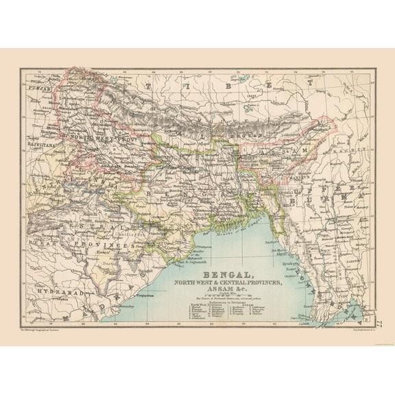 Historic Map - Bengal Region India - Bartholomew 1892 - 30.39 x 23 - Vintage Wall Art