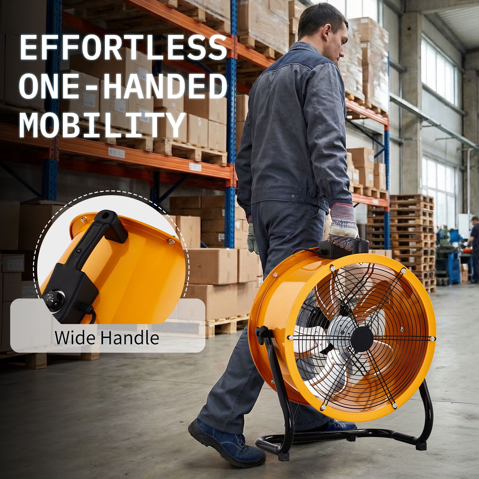 Barrel Fan 110V 218W 18in Floor Barrel Fan Mobile Fan with Handle Copper Motor Orange-Yellow Air Circulation Industrial Fan