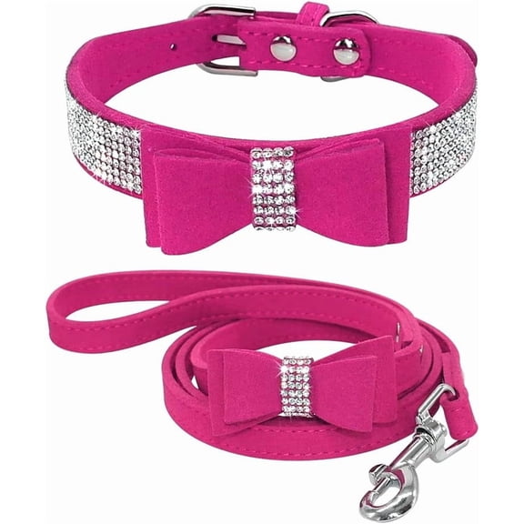 Beirui Rhinestone Bling Leather Dog Collar and Leash Set - Soft Flocking Sparkly Crystal Diamonds Studded - Cute Double Bowknot Collar with 4 Foot Leash for Pet Show,Pink,Neck fit 8-10"