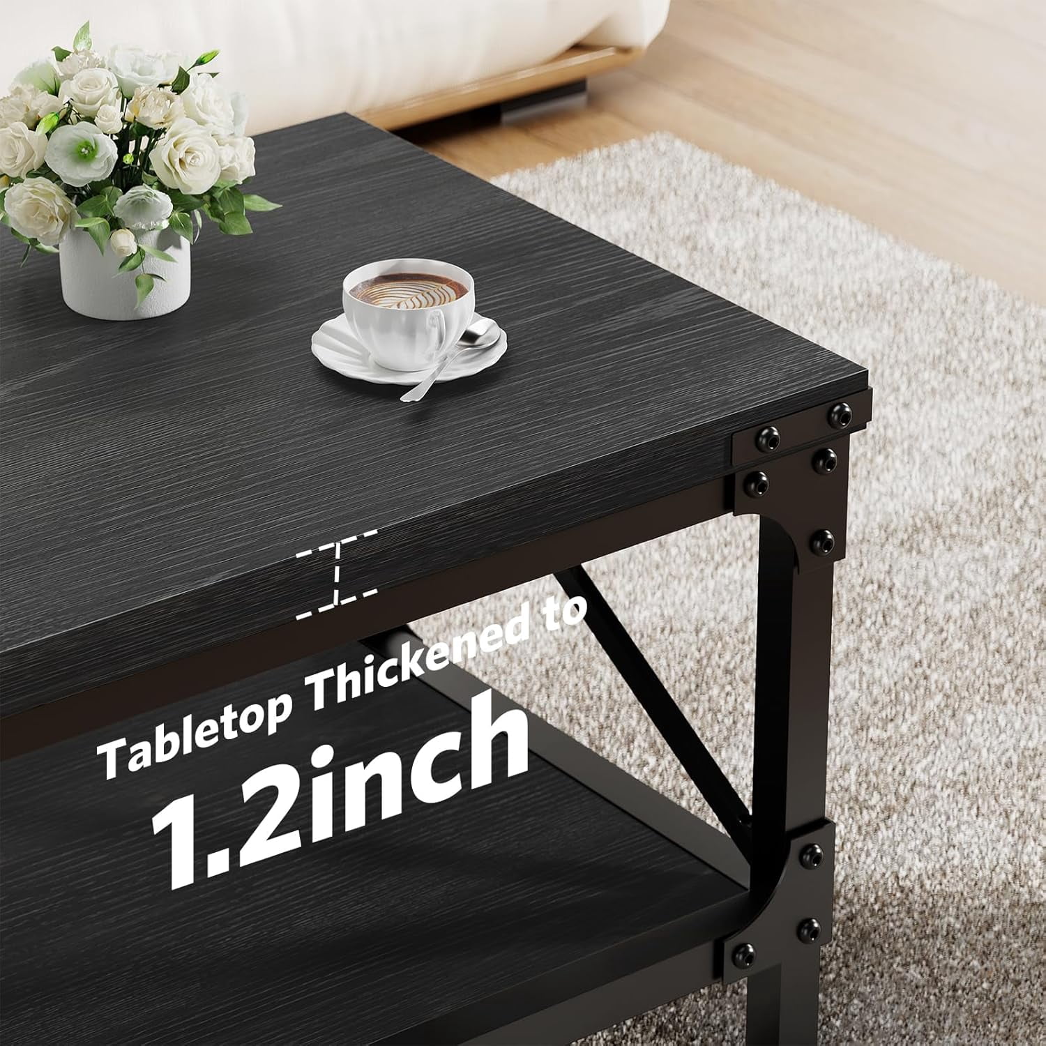 LazySpin Industrial Wood Coffee Table Rectangle, Black