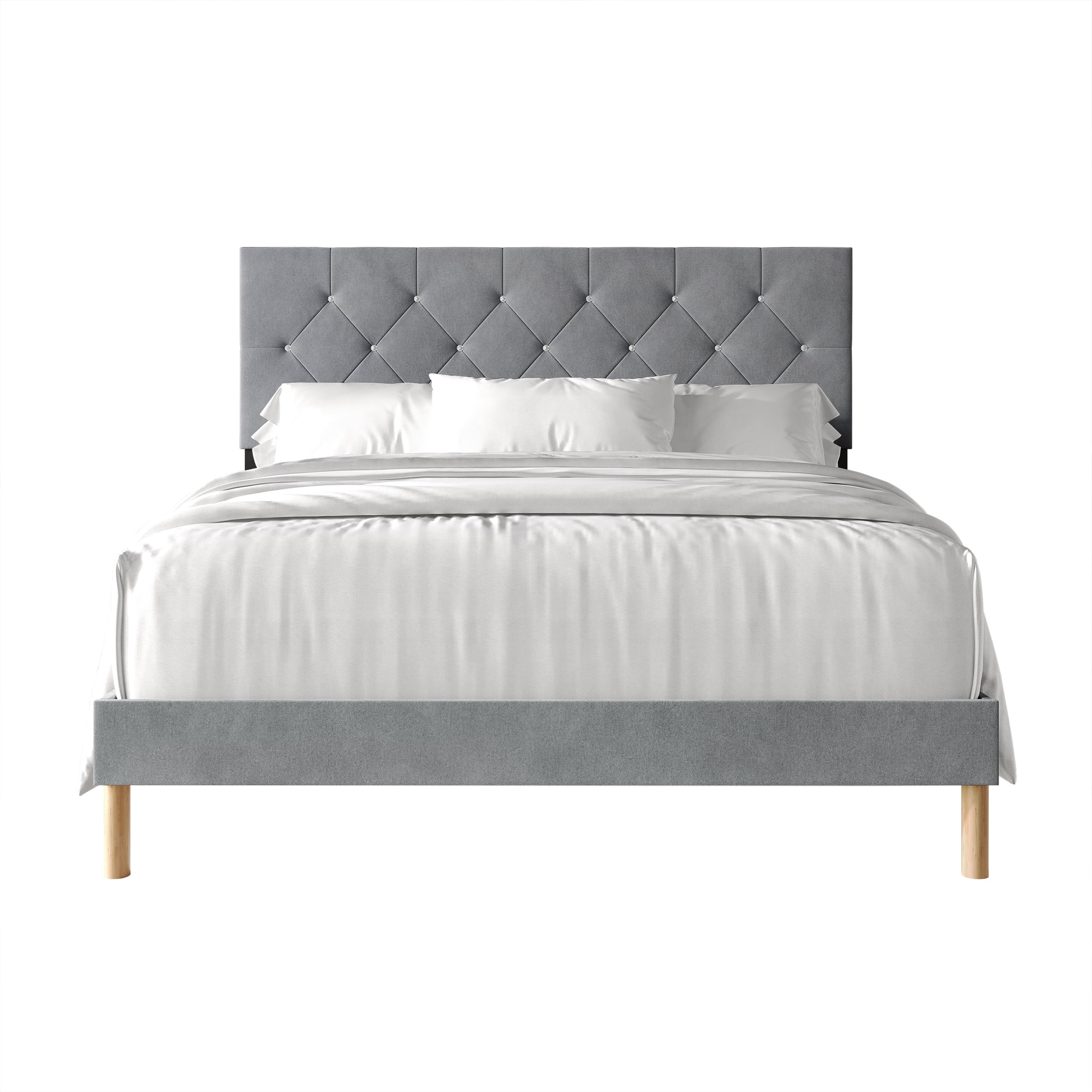 Castle Place Modern Diamond Tufted Velvet Upholstered King Bed, Light Grey