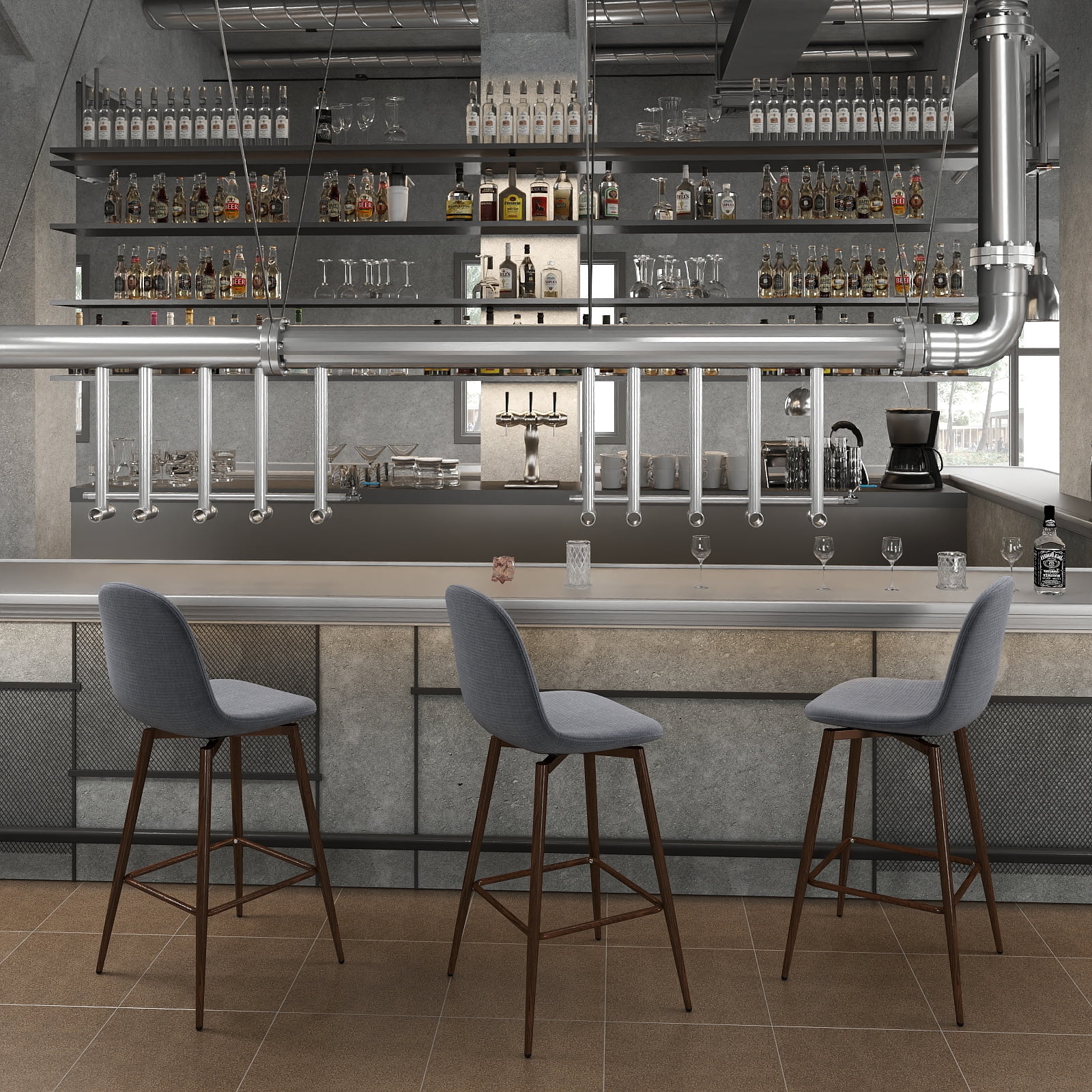 Homy Casa 26" Swivel Counter Height Bar Stools, Set of 2, Grey Fabric, Wood-Look Legs