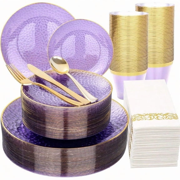 175 Pcs Purple Plastic Dinnerware Set 25 Guests Clear Purple Plates With Gold Rim Hammered Party Platos Plates And Cups And Napkins Sets for Wedding Party