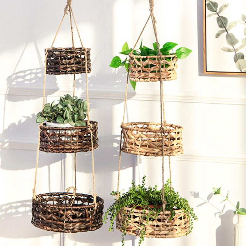 JZROCKER Handmade Hanging Woven Rattan Planter Storage Basket Flower Baskets for Home Garden Outdoor Porch Decoration