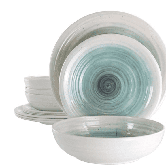 Lightweight Dinnerware Set, 12 Piece, White and Light Blue
