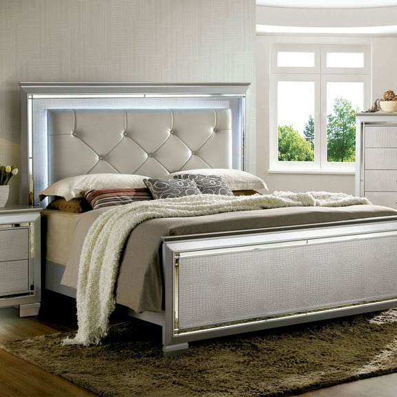 Contemporary Bellanova 1pc Eastern King Size Bed Bedroom Furniture Leatherette Tufted HB w LED Silver Texture Bedframe