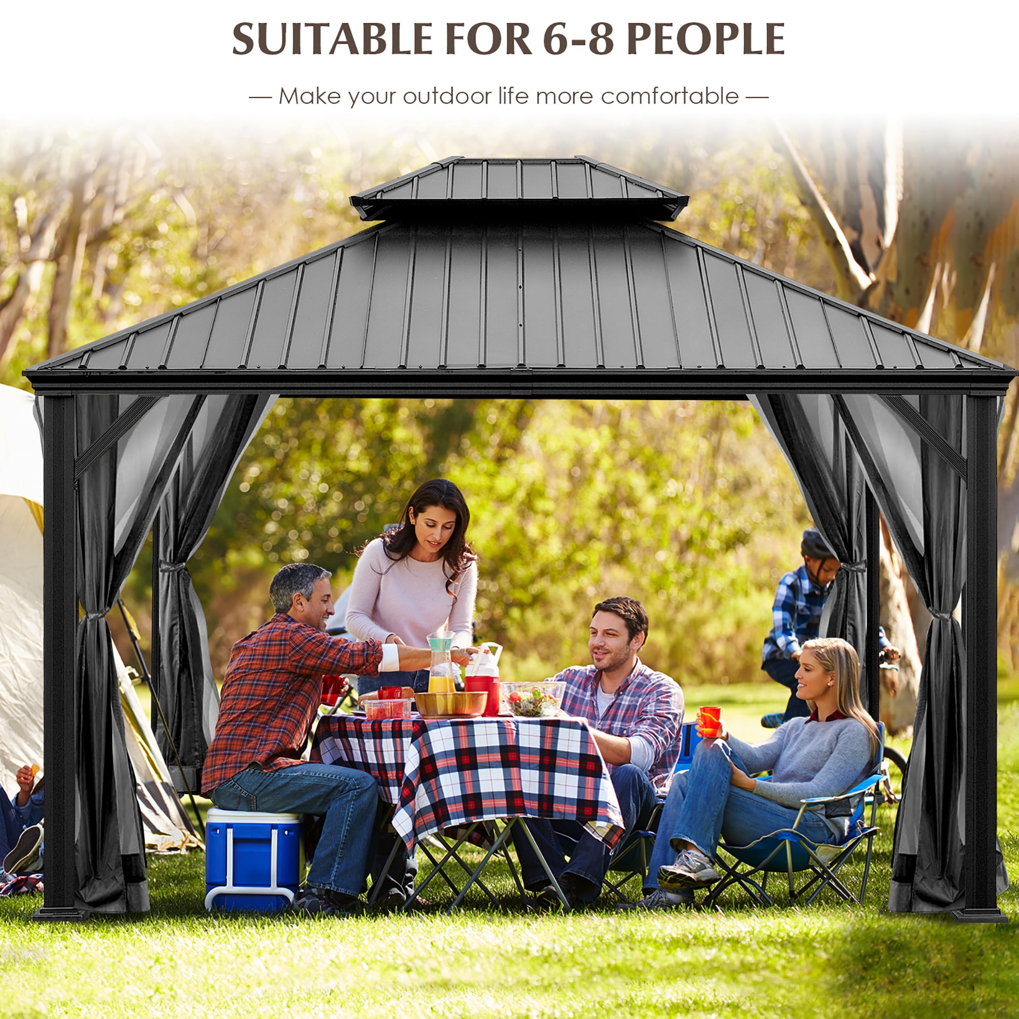 Costway 12ft x  10ft Hardtop Gazebo 2-tier Outdoor Galvanized Steel Canopy Grey