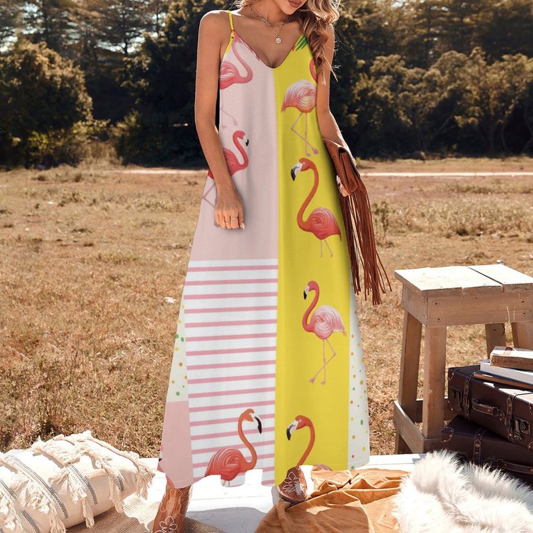 OU Premium Design Flamingo Pattern Sleeveless Dress Woman Fashion Long Dresses Women's Summer Suit Dress Summer 2025 Women, Size: Medium