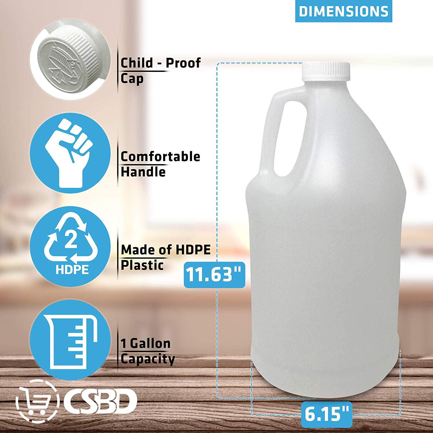 CSBD 1 Gallon Plastic Jug with Lid for Water, Milk, Juice or Liquids, 2 Pack, Reusable and Refillable BPA-Free Containers, Residential or Commercial