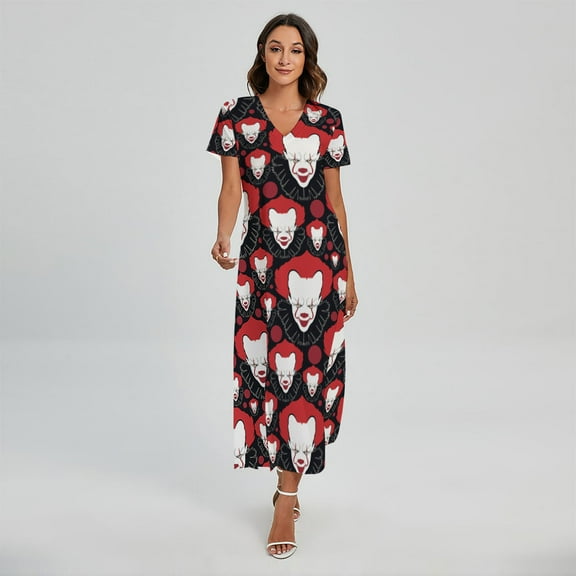 Halloween Scary Clown Pattern Printed Short Sleeve Maxi Dress, Halloween Decorative Fashion Summer Maxi Dress For Women