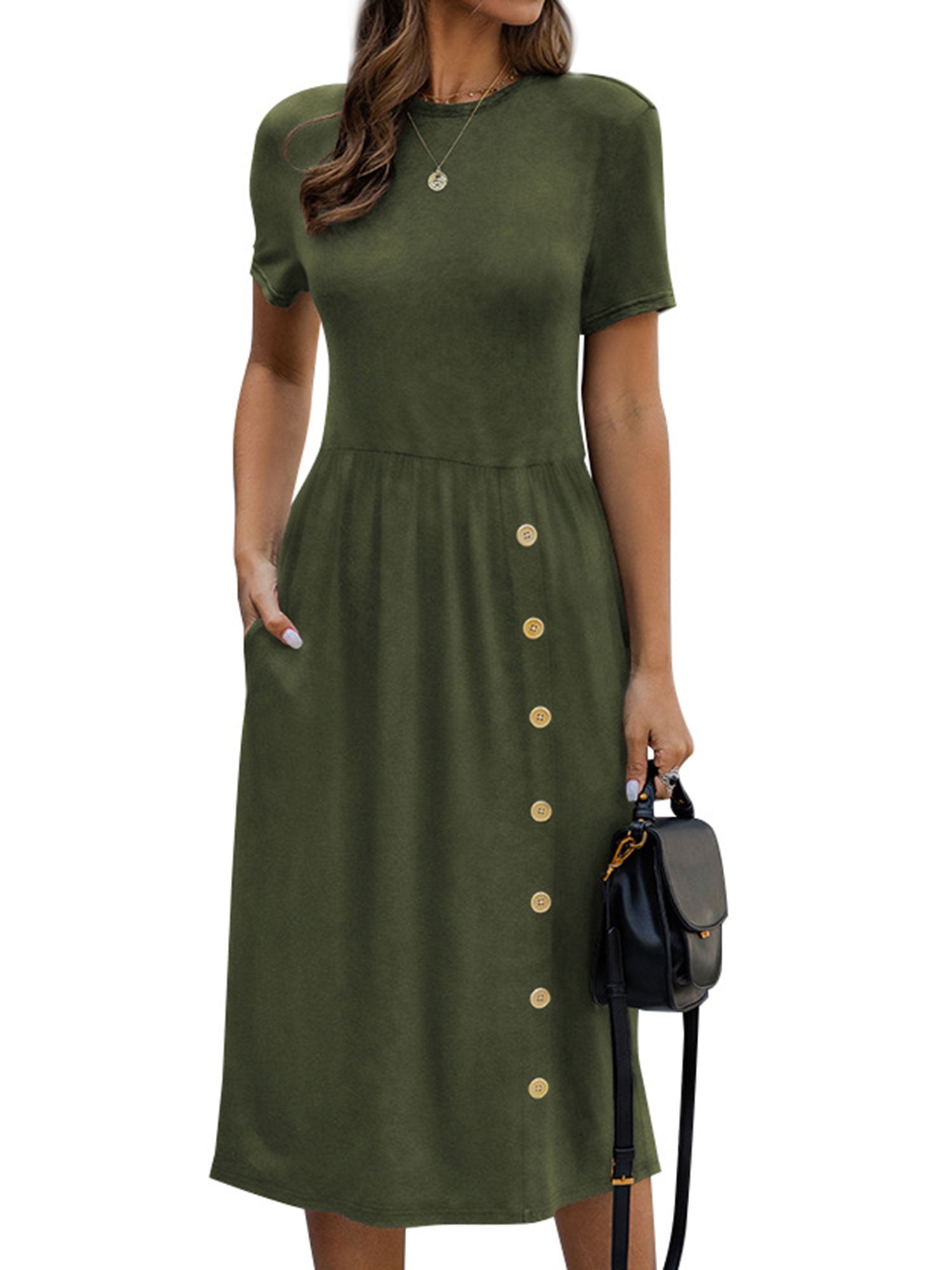 Women Crew Neck Buttons Decorated Pocket Knitted Midi Dress - Walmart.com