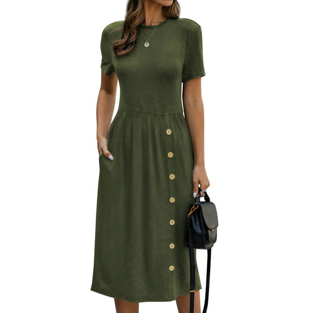 Nlife - Women Crew Neck Buttons Decorated Pocket Knitted Midi Dress ...
