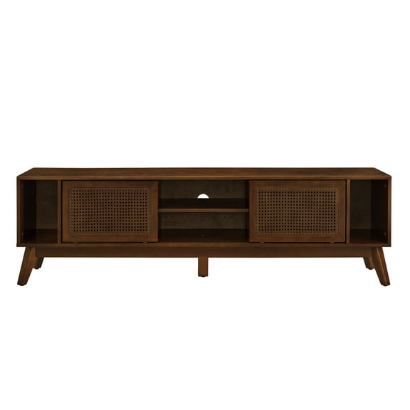 Knubmt Media Console for TVs up to 75", Wood TV Cabinet with Rattan Door and Open Shelf, Modern TV Stand for Living Room, Media Room, Brown