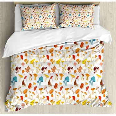 Mushroom Duvet Cover Set King Size, Colorful Cartoon Forest Toadstool Pattern Childish Kids Autumnal Nature Fungus, Decorative 3 Piece Bedding Set with 2 Pillow Shams, Multicolor, by Ambesonne