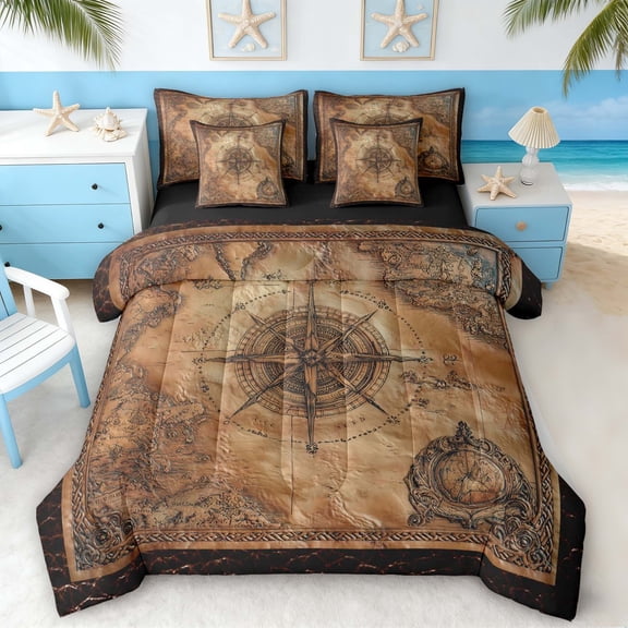 Manfei Vintage Leather Nautical Compass Map Twin Bedding Sets for Kids Boys and Girls, Coastal Sailing Print Bedding Comforter Set, Black Reversible 7-Piece