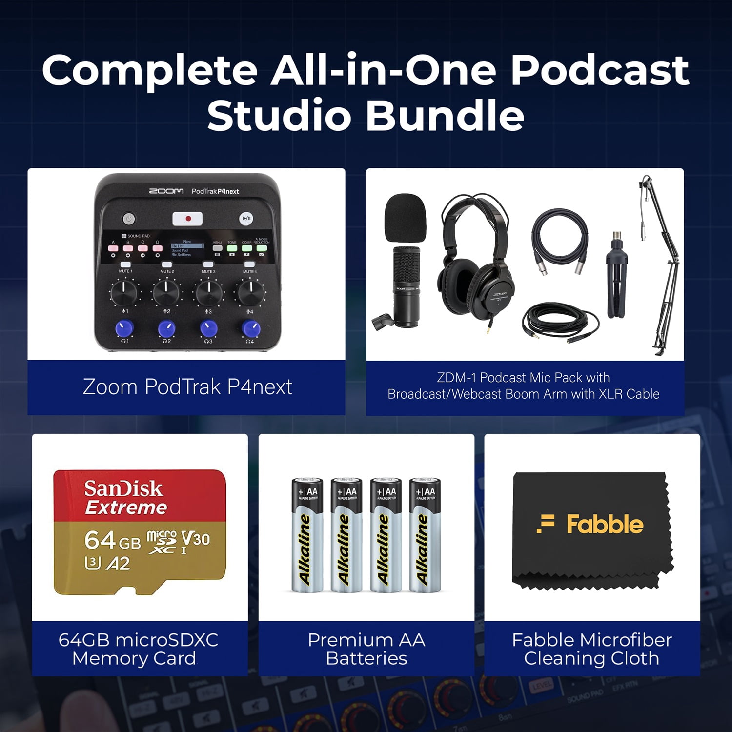 Zoom PodTrak P4next Portable Multitrack Podcast Recorder Bundle with 1 Zoom ZDM-1 Podcast Mic Packs, 1 On-Stage MBS5000 Boom Arms with XLR Cables, 64GB microSDXC Card and AA Batteries