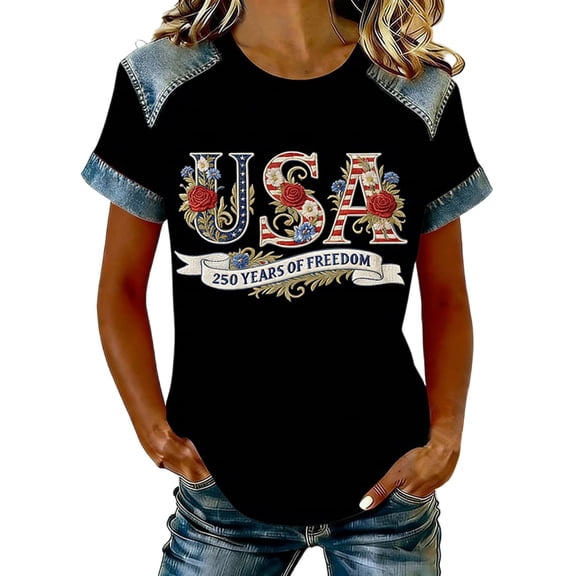 USA 250th Anniversary Patchwork Tee Short Sleeve Printed Crew Neck Loose Fit Black L