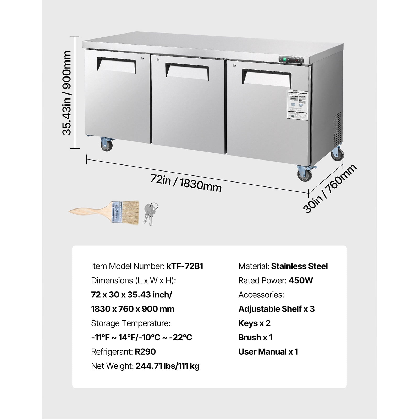 KFFKFF 72" W Commercial Freezer, 17.7 Cu.Ft Worktop Freezer with LED Lighting and Lockable Doors, 3-Door Food Storage and Prep Table, Stainless Steel Freezing Worktable with Casters