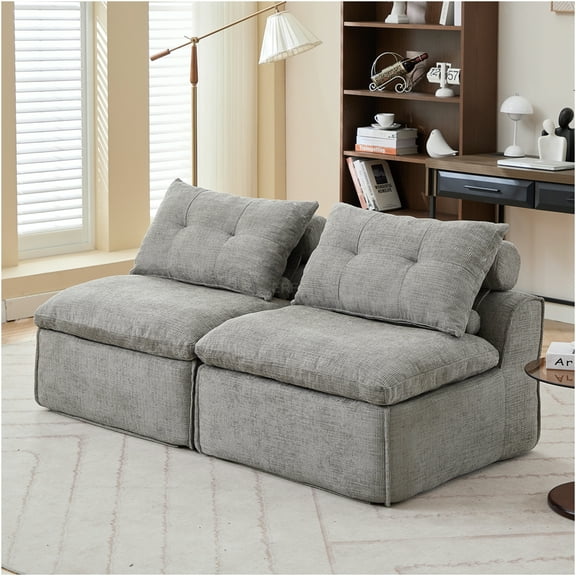 JERFIT Modular Sofa Chair Set with Pillows, 2-Seater Convertible Sectional Couch, Soft Chenille Fabric, Modern Armless Design for Small Space, Light Gray