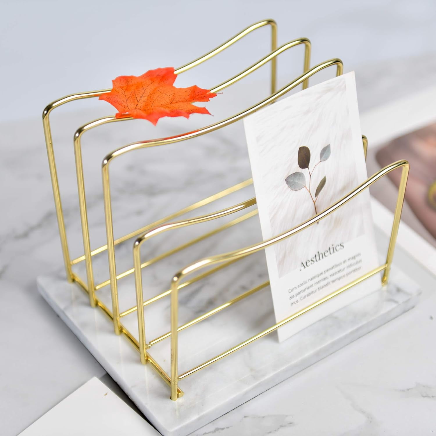 Real Marble File Holder - Marble Desk Accessories - Modern Marble Mail Organizer - Gold Mail Holder & Letter Tray (White + Gold)