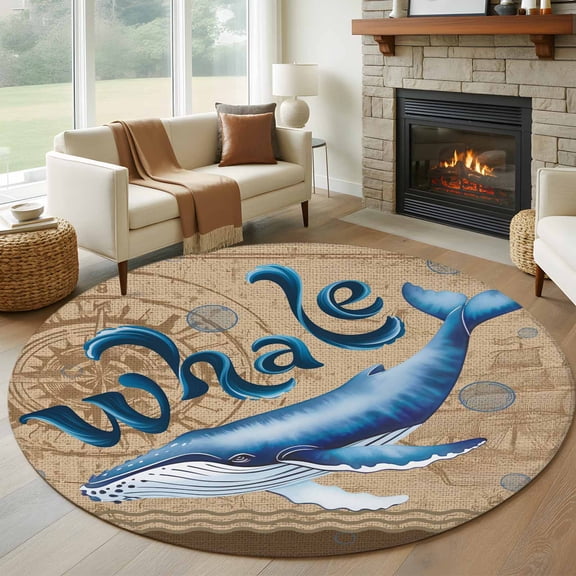 Round Rug 5Ft Washable Non-Slip, Vintage Whale Circle Area Rugs for Living Room Bedroom, Brown Nautical Anchor Bubbles Coastal Indoor Floor Mats Carpet Runner for Home Decor Aesthetic