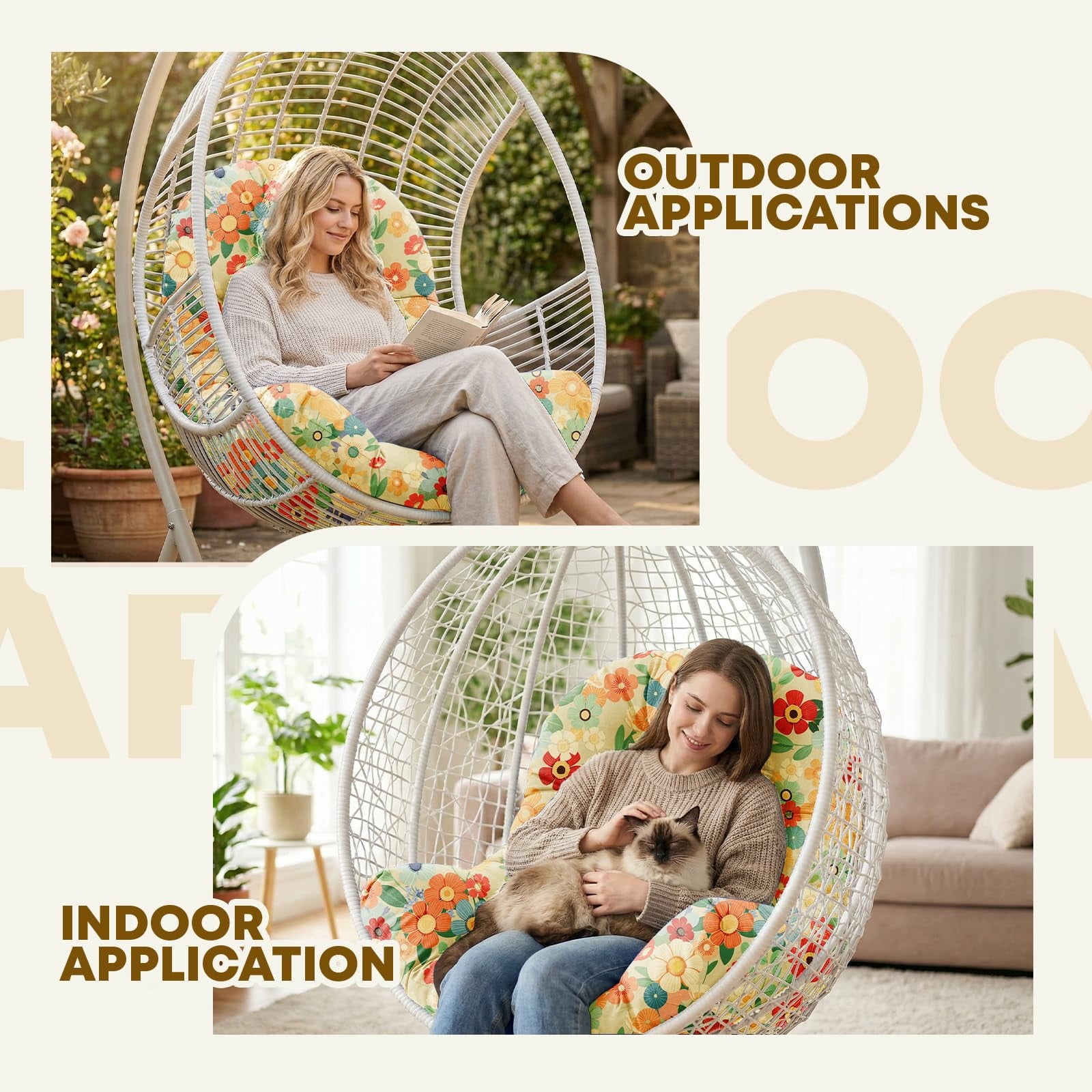 Waterproof Egg Chair Cushion Replacement Outdoor Hanging Egg Chair Cushion 47x35x7 Inches Thicken Couch Cushions with Ties, Blue Enchantress